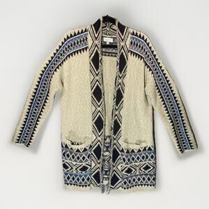 Lucky Brand Sweater Women L XL Beige Blue Open Front Cardigan Shawl Aztec Tribal